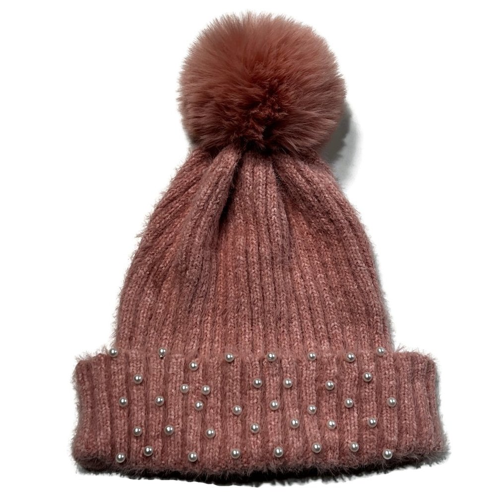 Pink Pom Beanie Hat Cuffed Ribbed Winter Embellished